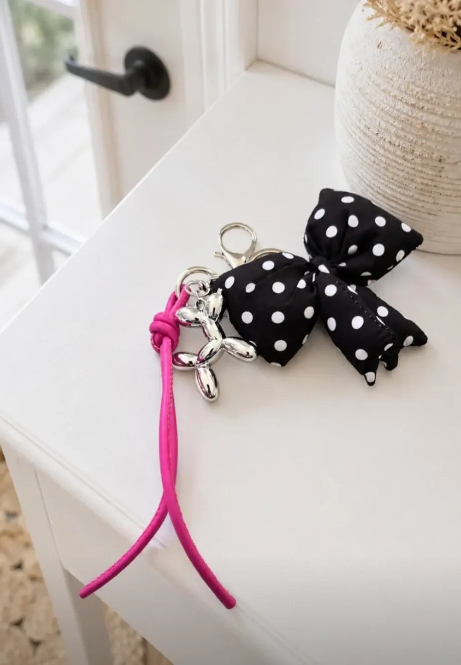 Bundle Bag Charm Polka Dot Bow Silver Balloon Charm and Pink Tassle